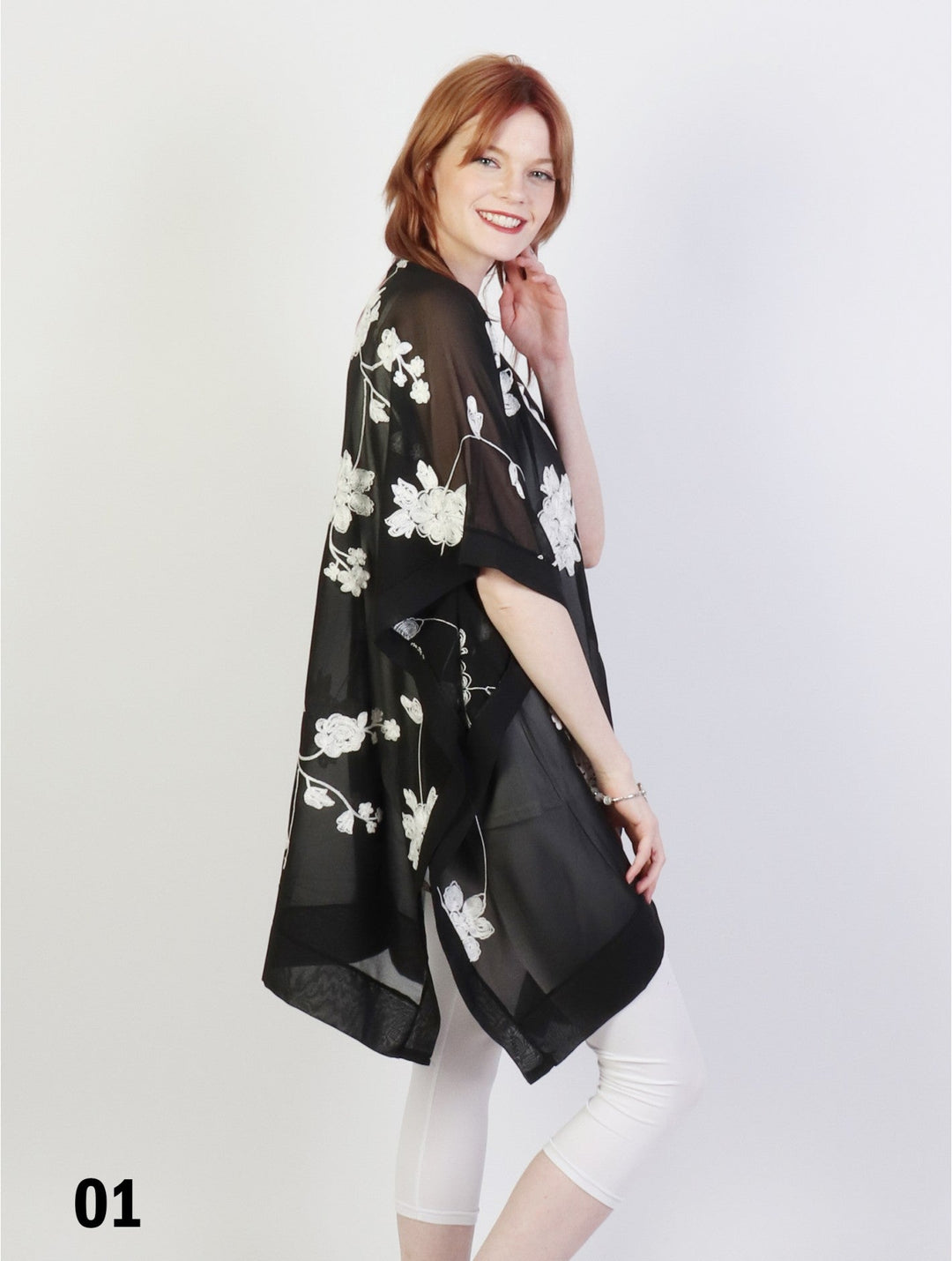 Black & White Floral Embroidery Kimono