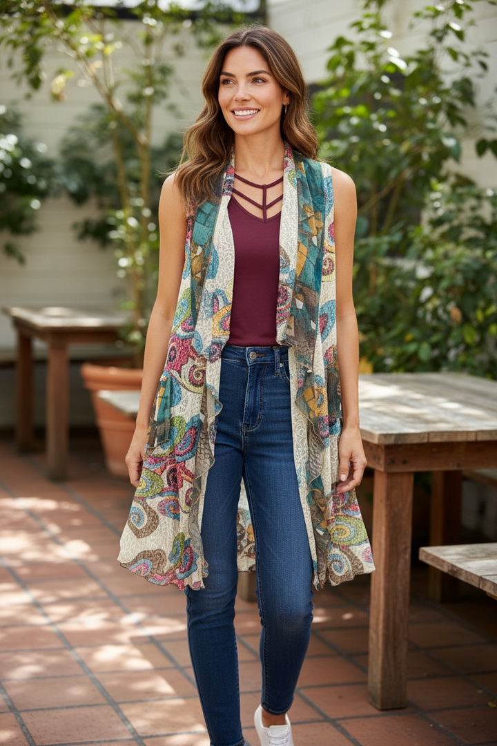 Open Front Chiffon Printed Sleeveless Vest