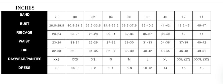 Measurement chart for clothing sizes in inches