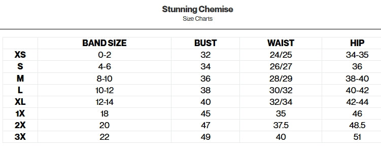 Size chart for chemises with band size, bust, waist, and hip measurements.