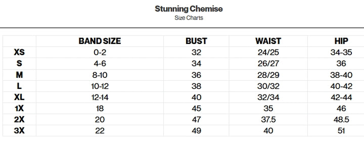 Size chart for chemises with band size, bust, waist, and hip measurements.