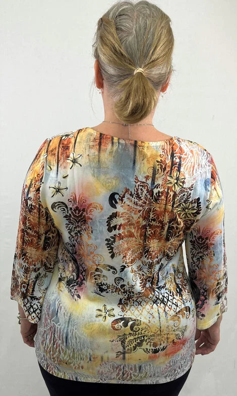 Knitted Printed 3/4 Sleeve Lace Top