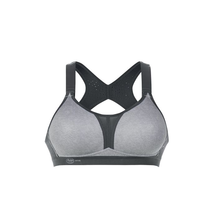 Gray sports bra with black straps on a white background