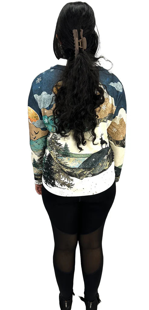 Winter Theme Knitted Printed Zip Pullover