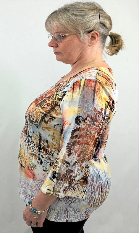 Knitted Printed 3/4 Sleeve Lace Top