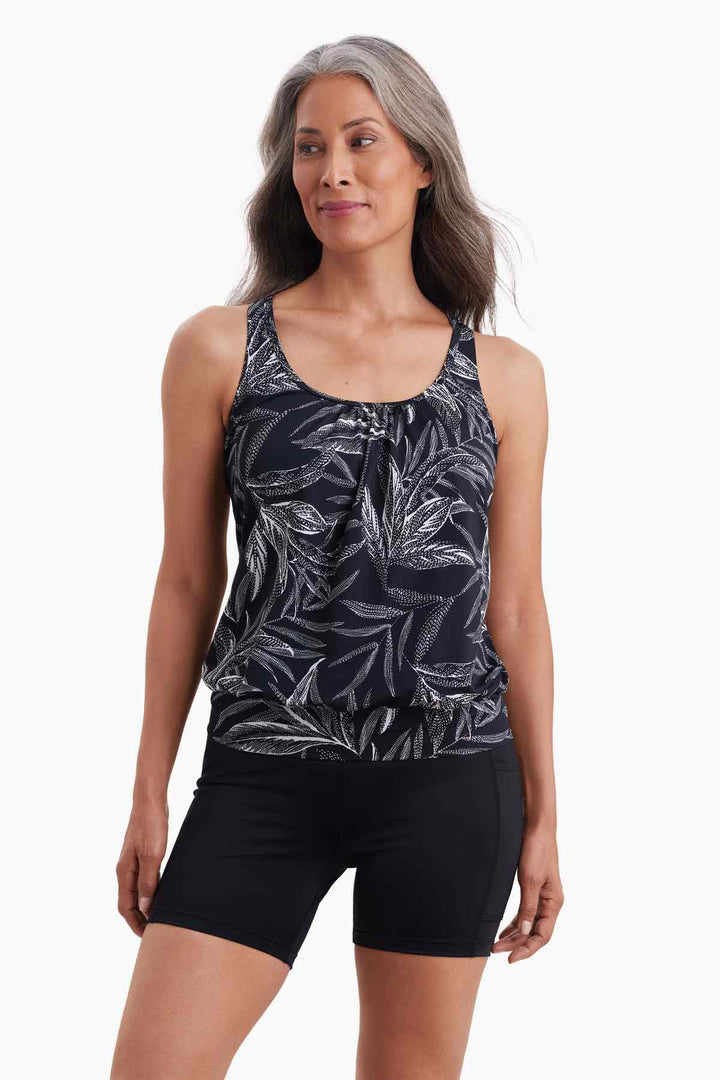 Mastectomy Shirred Neck Blouson Tankini - Leaf Encounter