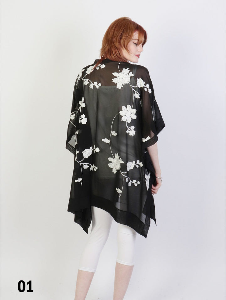 Black & White Floral Embroidery Kimono