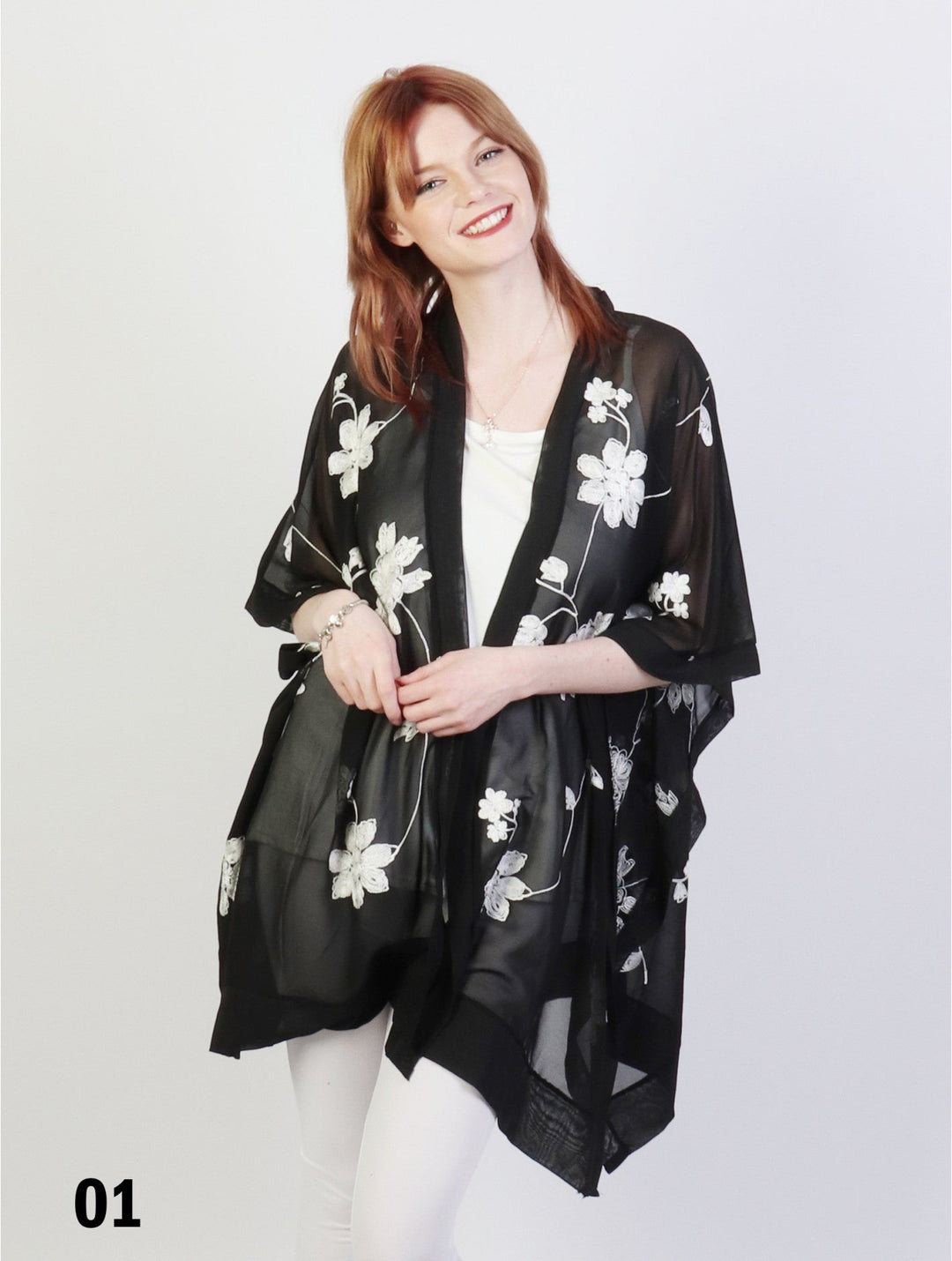 Black & White Floral Embroidery Kimono