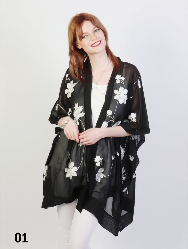 Black & White Floral Embroidery Kimono