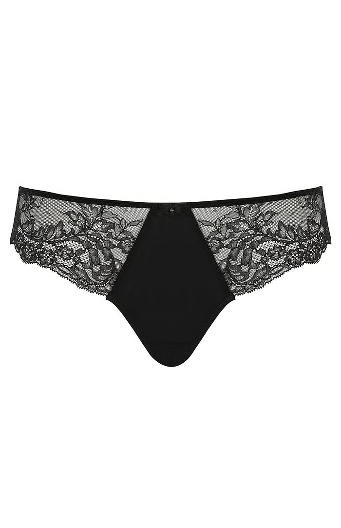 Black lace thong underwear with a solid black center panel, photographed flat against a plain white background.