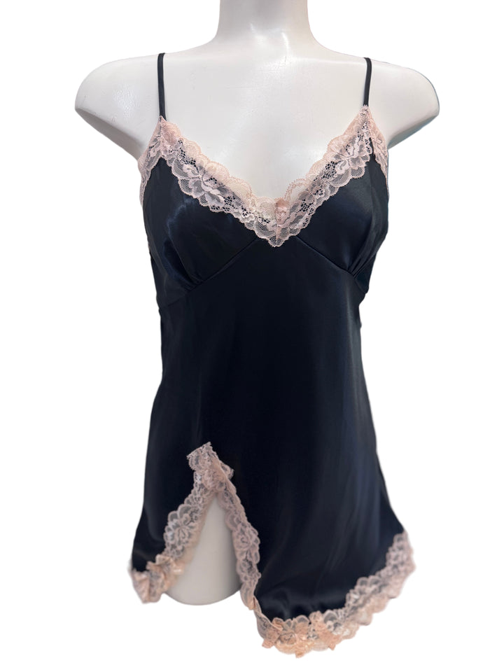 Silky Lace Trim Chemise - Black / Rose Gold