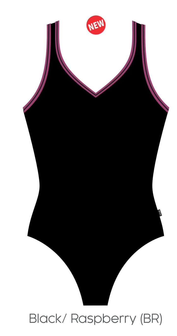 V-Neck & V-Back One Piece Swimsuit - Long Body - Black / Raspberry