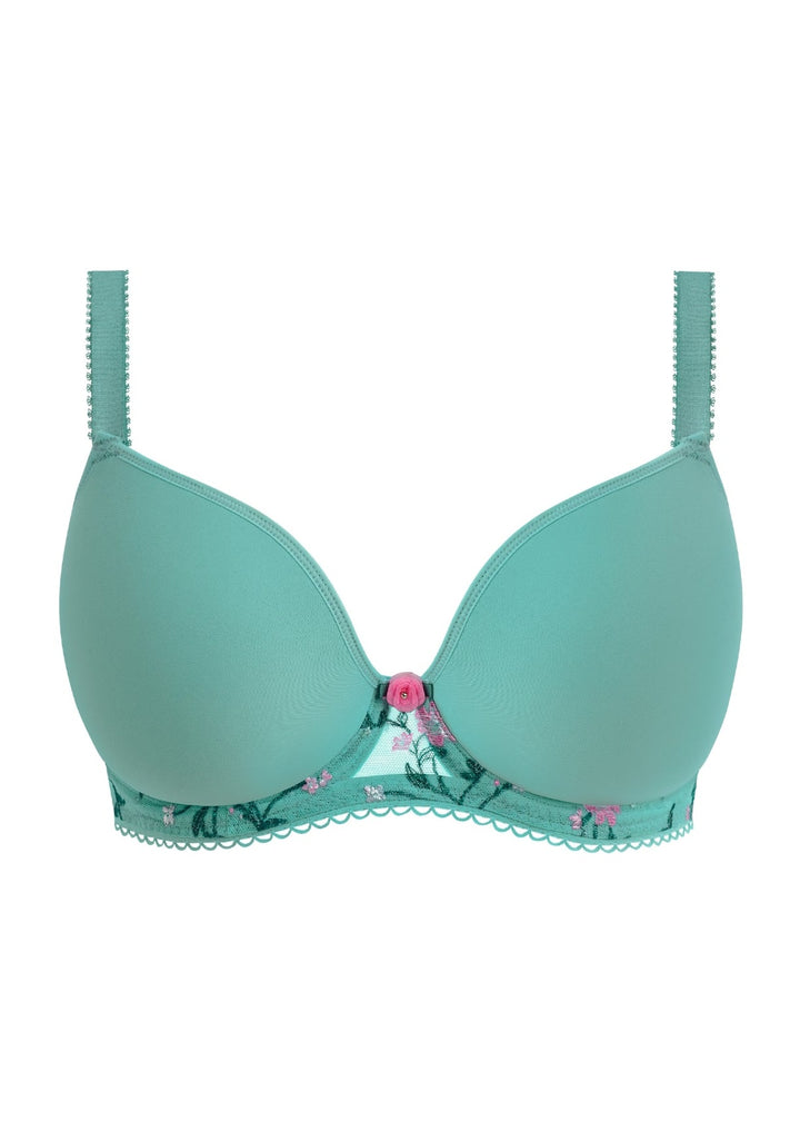 Teal bra with floral lace details on a white background