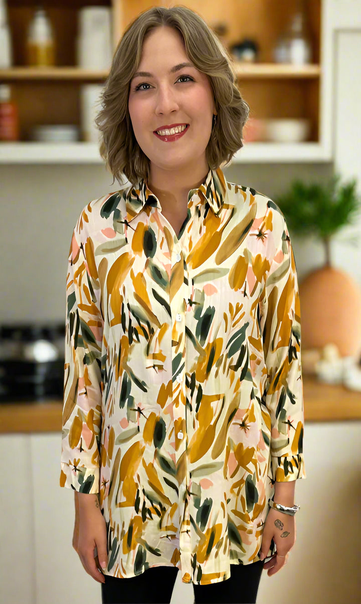 Woven 3/4 Sleeve Abstract Chiffon Tunic