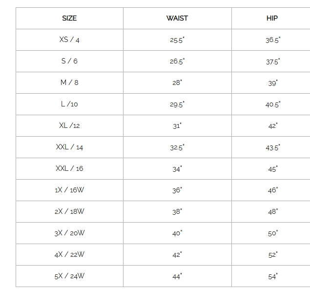 Table displaying waist and hip measurements for various sizes.