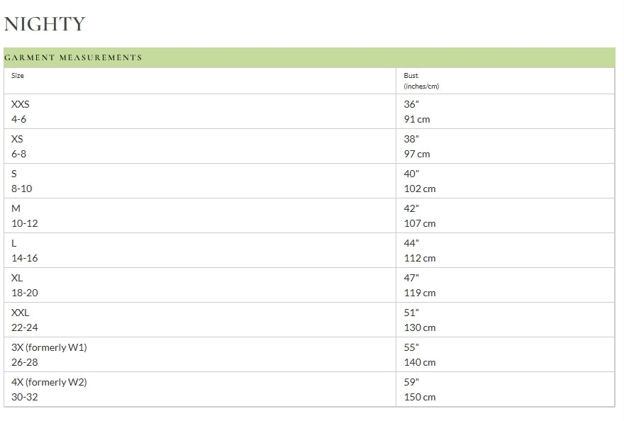 Garment measurements chart for Nightly brand on a white background