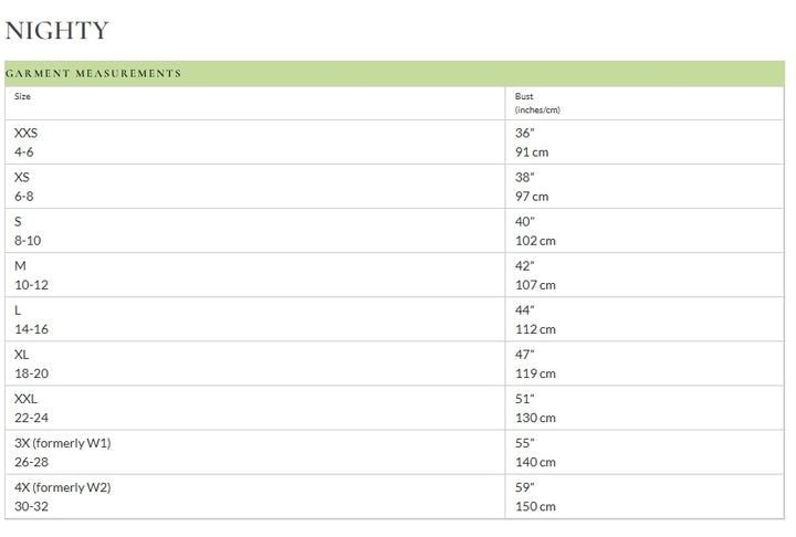 Garment measurements chart for Nightly brand on a white background