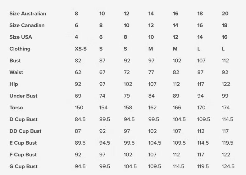 Size chart for the Notting Hill Ruched Mid Rise Swim Bottoms, showing available sizes from Australian to U.S.