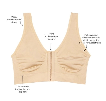 Beige bra with labeled features on a white background