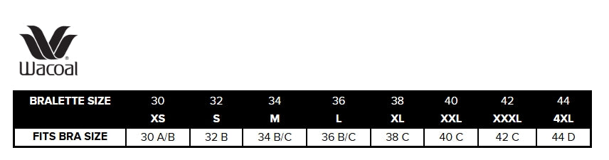 Wacoal bralette size chart with brand logo on a white background