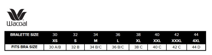 Wacoal bralette size chart with brand logo on a white background