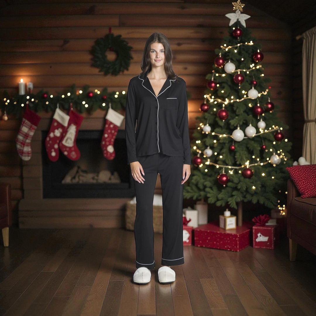 Ladies Two Piece PJ Set with Contrast Piping Detail