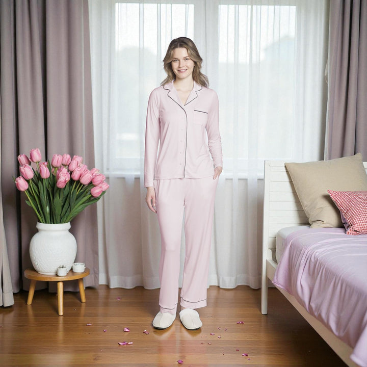 Ladies Two Piece PJ Set with Contrast Piping Detail