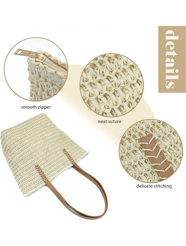Fashion Weaved Straw Bag W/ Faux Leather Handle