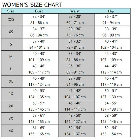 Women's size chart for bust, waist, and hip measurements.