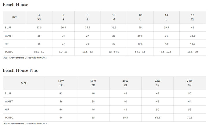 Size chart for Beach House clothing with measurements in inches.