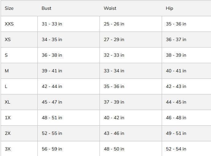 Measurement chart for clothing sizes with bust, waist, and hip measurements.