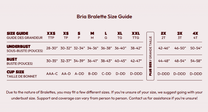 A size guide table for Bria Braillete braslettes, showing measurements for underbust, bust, and cup sizes from XXS to 4X 4T, on a light beige background.