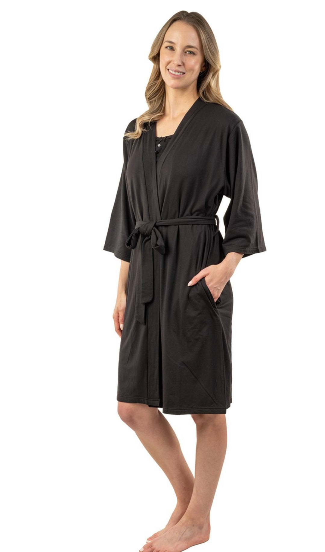 Woman wearing a black robe on a white background