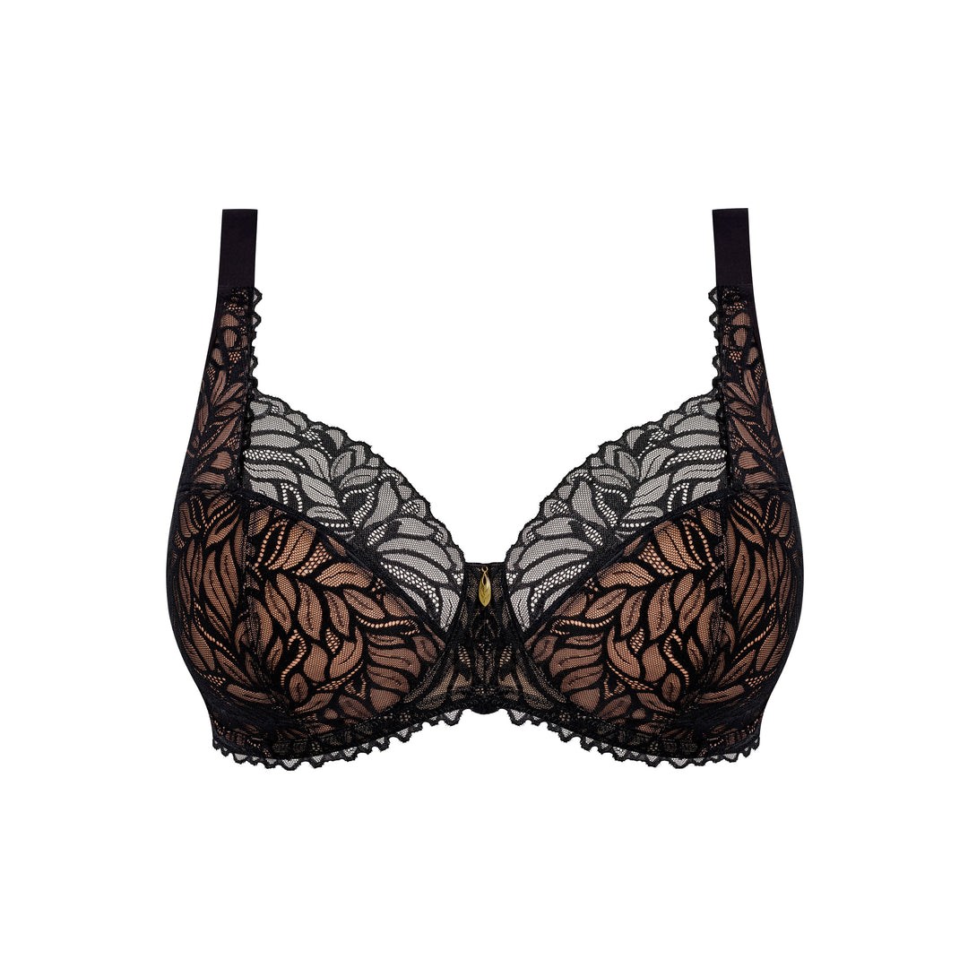 Black lace underwire bra with floral lace detailing and sheer mesh cups, shown against a plain white background.