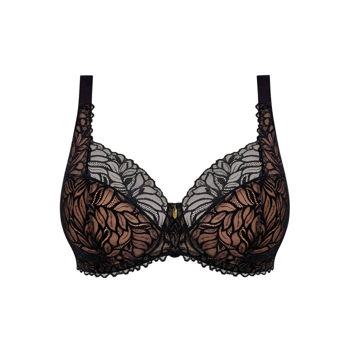 Black lace underwire bra with floral lace detailing and sheer mesh cups, shown against a plain white background.