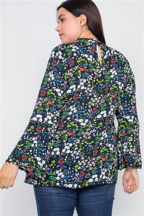 Keyhole Cut Out Lace Trim Bell Sleeve Top