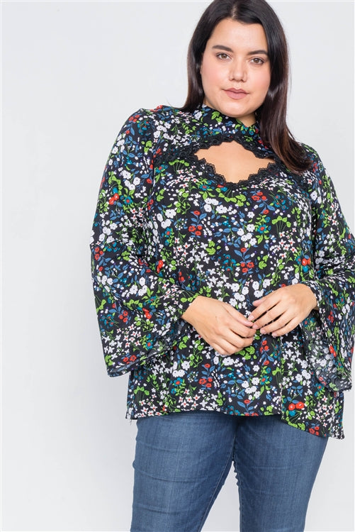 Keyhole Cut Out Lace Trim Bell Sleeve Top