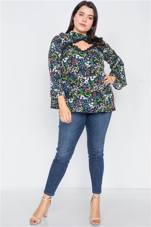 Keyhole Cut Out Lace Trim Bell Sleeve Top