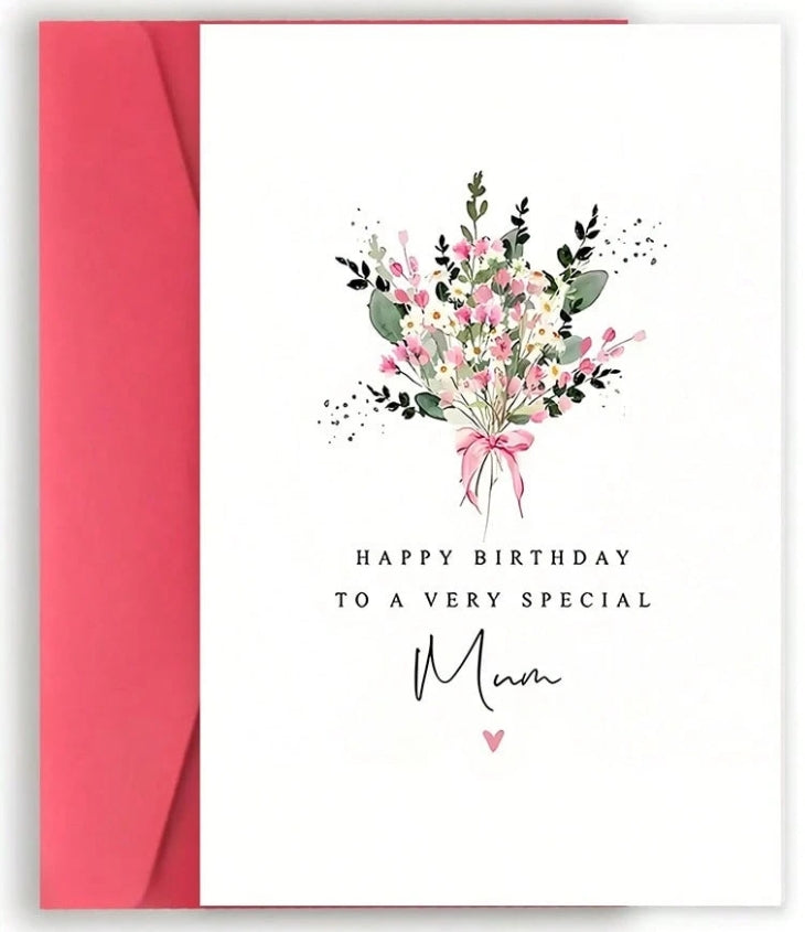 Greeting card with floral design and 'Happy Birthday to a very special Mum' text on a white background.