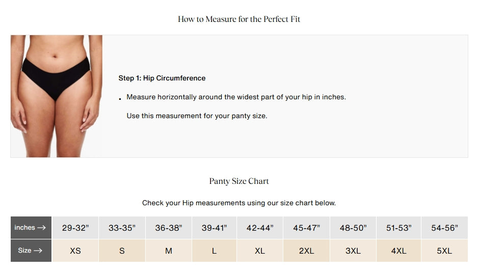 Instructions on how to measure for the perfect fit with a size chart for women's underwear.
