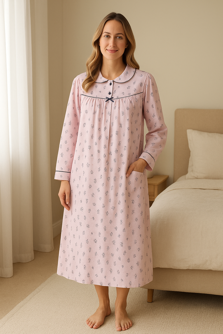Pink Floral Cotton Nightgown with Peter Pan Collar