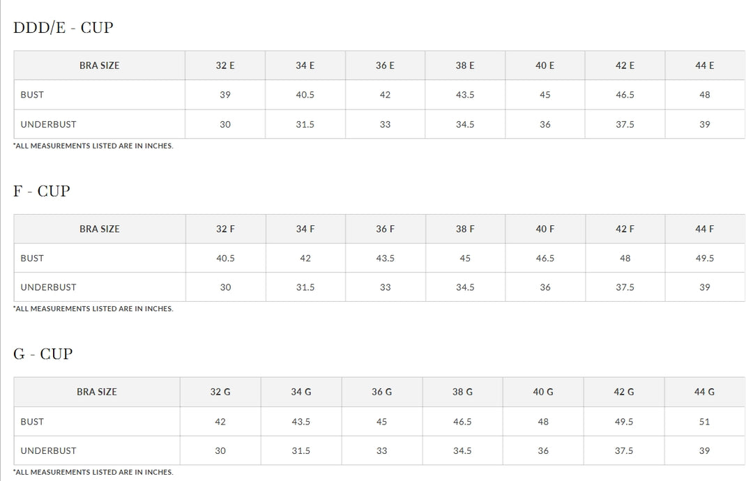 A size measurement chart showing bra cup size ranges (DDD/E - F - G) and corresponding bra sizes 32E through 44F, with bust and underbust measurements in inches.