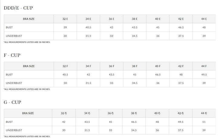 A size measurement chart showing bra cup size ranges (DDD/E - F - G) and corresponding bra sizes 32E through 44F, with bust and underbust measurements in inches.