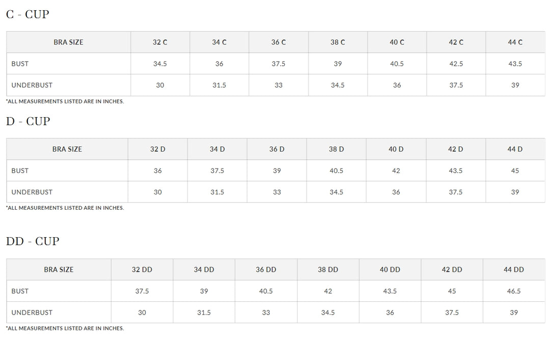 A size measurement chart showing tables for CUP, D-CUP, and DD-CUP sizes with bust and underbust measurements in inches for bra sizes 32 through 44.