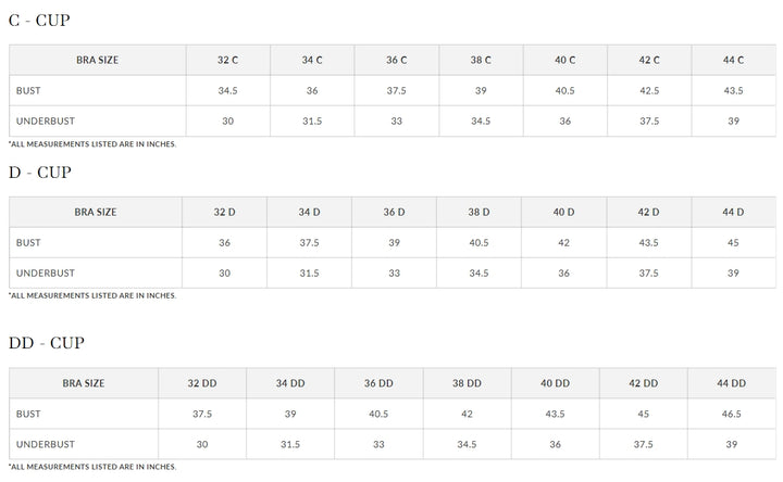 A size measurement chart showing tables for CUP, D-CUP, and DD-CUP sizes with bust and underbust measurements in inches for bra sizes 32 through 44.