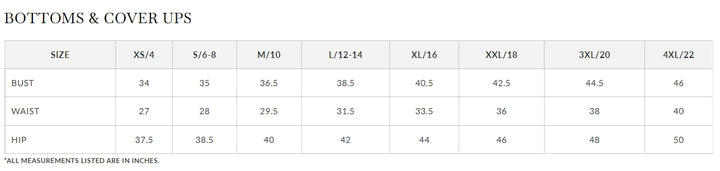 A size measurement chart for bottoms and cover ups, showing sizing from XS/4 to 4XL/22 with columns for Bust, Waist, and Hip measurements in inches.