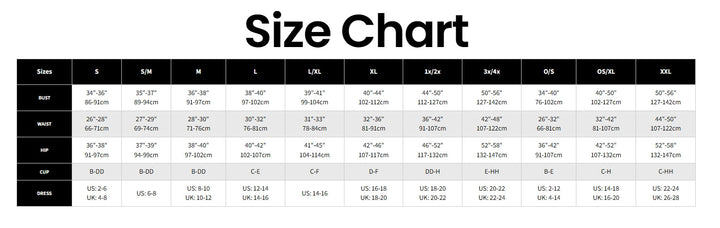 A size chart table with a black header reading 'Size Chart' and columns for size, S/M, L/ML, XL, XXL, Jumbo, OGS, 00/000, and XXL, plus a rows section for height and weight.