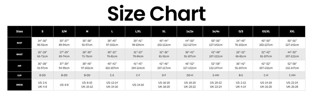A size chart table with a black header reading 'Size Chart' and columns for size, S/M, L/ML, XL, XXL, Jumbo, OGS, 00/000, and XXL, plus a rows section for height and weight.