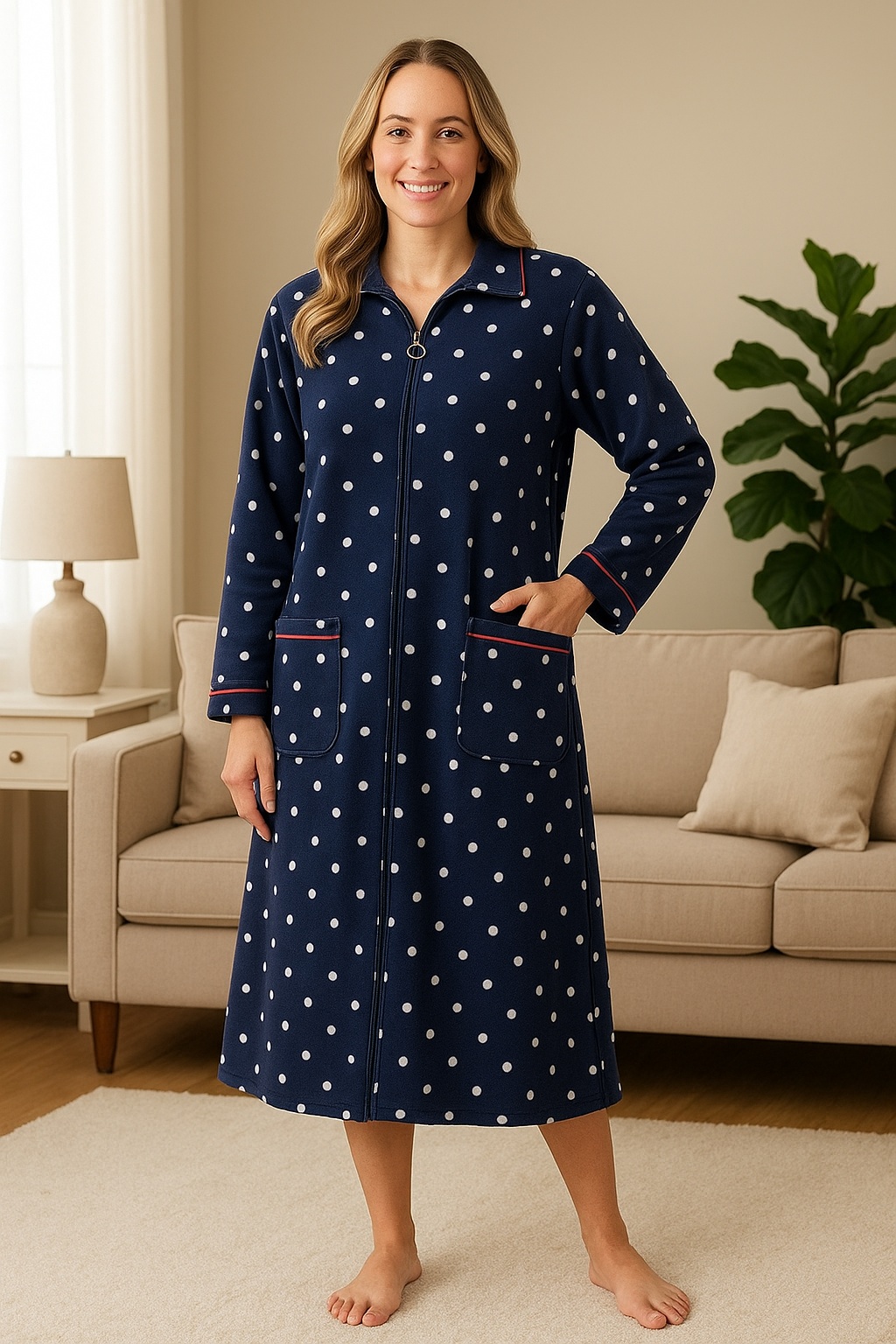 Silky Dots Zip-Front Fleece Housecoat
