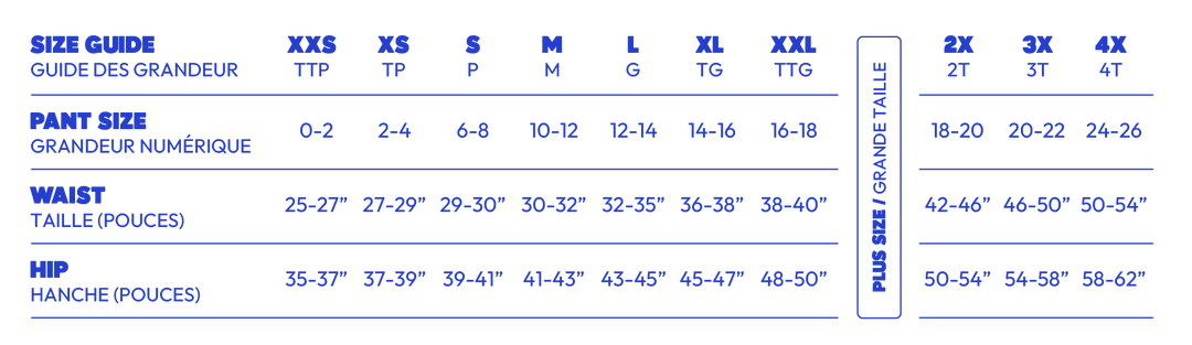 Size guide chart for pants with measurements in centimeters and inches.
